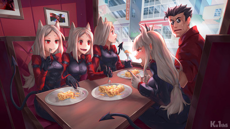 clothed clothing cutlery eyewear female food fork group inside kitchen_utensils male necktie pancake red_eyes restaurant shirt spade_tail sunglasses tail tools topwear vest window ku1ths helltaker cerberus_(helltaker) lucifer_(helltaker) protagonist_(helltaker) animal_humanoid canid canid_humanoid canine canine_humanoid demon dog_humanoid human humanoid mammal mammal_humanoid 2020 absurd_res hi_res