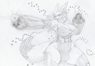 anthro big_breasts big_tail bow_ribbon breasts bullet_hole cleavage clothed clothing curvy_figure cybernetic_arm cybernetic_leg cybernetic_limb cybernetic_tail cybernetics dress eyelashes female gun gun_arm hourglass_figure huge_breasts long_ears machine machine_gun motion_lines muzzle_flash neck_tuft nipple_outline open_mouth ranged_weapon shooting_gun small_waist smile smoking_gun solo standing tail thick_thighs tuft weapon weapon_arm wide_hips blackfox85 bandai_namco digimon nova_(blackfox85) canid cyborg digimon_(species) mammal renamon 2025 absurd_res hi_res monochrome traditional_media_(artwork)