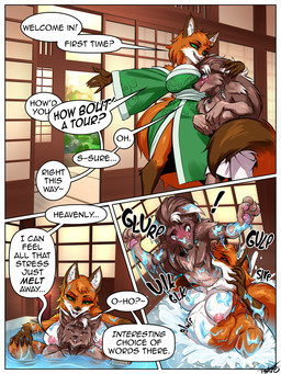 anthro anthro_pred anthro_prey areola asian_clothing belly big_belly big_breasts blush breasts brown_body brown_fur clothed clothing countershading detailed_background duo east_asian_clothing feet_first female female_pred fur glk gloves_(marking) green_clothing green_kimono green_sclera head_between_breasts inside japanese japanese_clothing kimono leg_markings male male/female male_prey markings nipples nude onomatopoeia oral_vore orange_body orange_fur partially_submerged pink_areola pink_nipples same_size_vore socks_(marking) soft_vore sound_effects speech_bubble swallowing talking_to_another text vore wet white_body white_countershading tsavo kea_(asaneman) rai_(radarn) canid canine canis fox mammal red_fox true_fox wolf 3:4 absurd_res comic digital_media_(artwork) english_text hi_res