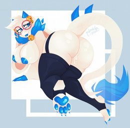 4_toes all_fours anthro areola bell big_breasts big_butt big_ears blue_areola blue_background blue_body blue_claws blue_clothing blue_eyes blue_fur blue_horn blue_legwear blue_lipstick blue_nipples blue_pawpads blue_stockings bodily_fluids breasts butt claws clothing cum cum_inside eyewear feet female floppy_ears fur genital_fluids glasses head_tuft hindpaw horn huge_breasts huge_butt leaking_cum legwear lipstick long_tail looking_at_viewer looking_back looking_back_at_viewer lop_ears makeup mature_anthro mature_female neck_tuft nipples pawpads paws rear_view round_glasses simple_background soles solo stirrup_legwear stirrup_stockings stockings tail tail_tuft toe_claws toes tuft white_background white_body white_fur pumulauwu atlyss angela_flux hybrid kubold_(atlyss) oathkin_(atlyss) poon_(atlyss) digital_drawing_(artwork) digital_media_(artwork) hi_res