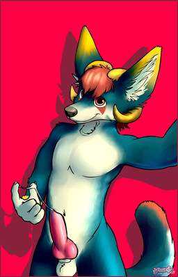 5_fingers animal_genitalia animal_penis anthro balls biped black_nose blue_body blue_ears blue_fur blue_tail brown_body brown_eyes brown_fur brown_hair brown_markings canine_genitalia canine_penis claws erection facial_markings finger_claws fingers front_view fur genitals glistening glistening_eyes glistening_genitalia glistening_knot glistening_penis hair head_markings horn knot knot_root looking_at_viewer male markings multicolored_ears navel penis pink_penis red_background retracted_sheath shadow sheath simple_background smile solo tail two_tone_ears white_balls white_body white_fur white_sheath white_tail yellow_body yellow_ears yellow_fur yellow_horn yookie canid canine fox mammal 2016 dated hi_res signature