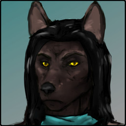 anthro black_body black_fur black_hair blue_background blue_scarf fur gradient_background hair long_hair male scarf simple_background solo yellow_eyes jeri_kleinlowe mammal 2022 colored hi_res