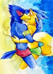 anthro beach blue_body blue_feathers clothing cuddling duo feathers fur heart_symbol hug male male/male orange_body orange_fur sand speedo swimwear ulala_ko nintendo star_fox falco_lombardi fox_mccloud avian bird canid canine falcon falconid fox mammal hi_res