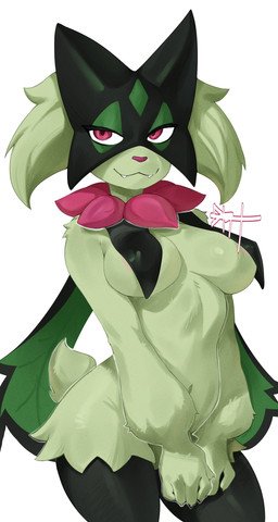:3 anthro breast_curtains breasts fangs female green_body looking_at_viewer navel nipple_outline pink_eyes pink_nose short_tail simple_background smile smiling_at_viewer solo tail teeth white_background drt_l0l nintendo pokemon generation_9_pokemon meowscarada pokemon_(species) absurd_res hi_res