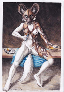 5_toes anthro areola bench bent_arm bent_leg big_ears biped black_areola black_nipples black_nose bodypaint border breasts brush butt butt_from_the_front casual_nudity cheek_tuft cloth extended_leg facial_tuft feet female female_anthro fingers front_view fur fur_tuft genitals holding_brush holding_object holding_paintbrush humanoid_feet humanoid_genitalia humanoid_hands humanoid_vulva inner_ear_fluff iris long_tail looking_down looking_down_at_self mouth_closed nails nipples nude nude_anthro nude_female on_bench outside_border paint paintbrush painting_(action) painting_body plantigrade pose pupils raised_heel sharp_nails sharp_toenails sitting sitting_on_bench slim slim_anthro slim_female small_breasts snout solo spread_legs spreading straight_arm straight_leg tail tan_eyes tasteful_nudity toenails toes tuft vulva white_body white_fur white_inner_ear_fluff white_sclera white_tuft syntech african_wild_dog canid canine mammal 2026 colored_pencil_(artwork) dated english_description full-length_portrait hi_res pinup portrait shaded signature traditional_media_(artwork)