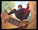 anthro black_hair bottomwear breasts clothed clothing devil_horns_(gesture) female fence flannel fur gesture hair half-pipe hand_gesture highlights_(coloring) low-angle_view multicolored_body multicolored_fur occult_symbol pants pentagram purple_highlights shirt skateboard skateboarding skating solo symbol text text_on_clothing text_on_shirt text_on_topwear topwear two_tone_body two_tone_fur vehicle chelodoy night_in_the_woods vans witchdagger zoey_(dirtyrenamon) canid canine canis dobermann domestic_dog mammal pinscher 2021