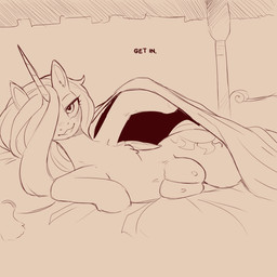 animal_ears bed bed_sheet bedding big_teats blush crotch_breasts dialogue eyelashes feathered_wings feathers female female_feral feral front_view furniture hair hair_over_eye hooves horn looking_at_viewer lying nipples on_side pillow pupils quadruped smile solo tail teats text thick_thighs wings cold-blooded-twilight friendship_is_magic hasbro my_little_pony mythology princess_celestia_(mlp) equid equine mammal mythological_creature mythological_equine winged_unicorn 1:1 2025 english_text hi_res