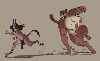 anthro balls big_breasts big_penis black_hair breasts chasing duo female fur genitals grey_body grey_fur hair hooves interspecies male male/female navel nipples nude nude_anthro nude_female nude_male penis predator/prey running tail tan_body tan_fur twistedteeth asinus cougar donkey equid equine felid feline mammal hi_res