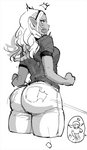 accessory big_butt blush breasts butt clothed clothing dark_body dark_skin female frown hair hair_accessory hairband humanoid_pointy_ears legwear looking_at_viewer looking_back markings mole_(marking) natural_padding not_furry open_mouth solo standing thigh_highs tight_clothing useful_fat white_hair wide_hips synecdoche plus-sized_elf elfuda_(plus-sized_elf) kuroeda_(plus-sized_elf) dark_elf elf humanoid mammal hi_res monochrome