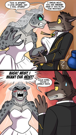 anthro blush bottomwear breasts bride brown_body brown_fur clenched_teeth clothing crown dialogue dress duo ear_piercing ear_ring eyebrows eyelashes eyewear female fur grey_body grey_fur headgear inner_ear_fluff male male/female markings nose_to_nose open_mouth pants piercing ring_piercing scene_interpretation shirt speech_bubble spots spotted_body spotted_fur suit teeth text tiara topwear tuft wedding_dress wedding_veil heresy_(artist) dreamworks the_bad_guys kitty_kat_(the_bad_guys) mr._wolf_(the_bad_guys) canid canine canis felid mammal pantherine snow_leopard wolf 2025 9:16 comic english_text hi_res