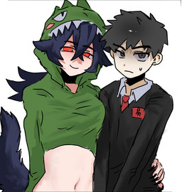 animal_ears black_claws black_ears black_hair black_tail blush breasts claws clothing duo female gender_transformation grey_eyes hair looking_at_viewer male male/female onesie ponytail red_eyes sharp_teeth shy simple_background smile spikes suit tail teeth touching_hip transformation unknown_artist mini_world anonymous misra_(mini_world) animal_humanoid human humanoid mammal