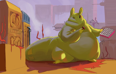 ambiguous_gender anthro belly big_belly big_tail black_eyes box_of_chocolates building candy chocolate dessert dewlap_(anatomy) eating eating_food food green_body holidays huge_belly huge_tail overweight overweight_ambiguous overweight_anthro plant semi-anthro solo tail urban_decay citrusslugcat rain_world valentine's_day videocult citrus_(slugcat) slugcat