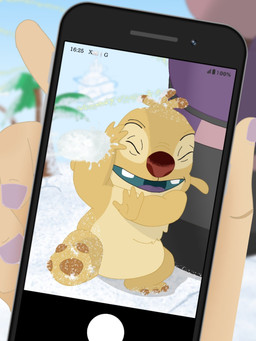 3_toes 4_fingers 5_fingers antennae_(anatomy) anthro biped brown_pawpads buckteeth cellphone chest_tuft dipstick_antennae electronics eyes_closed feet fingers first_person_view fur group holding_cellphone holding_object holding_phone holding_smartphone male multicolored_antennae open_mouth palm_tree pawpads phone plant red_nose shielding size_difference smartphone snow snowball snowball_fight solo_focus teeth toes tree trio tuft winter yellow_body yellow_fur kurage0404 disney disney_lorcana lilo_and_stitch jumba_jookiba reuben_(lilo_and_stitch) alien experiment_(lilo_and_stitch) human kweltikwan mammal 2026 3:4 digital_drawing_(artwork) digital_media_(artwork) english_description hi_res japanese_description