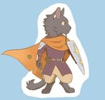 armor bag barefoot beard belt black_body black_fur black_nose bracers cloak clothed clothing digitigrade facial_hair feet fur goatee inner_ear_fluff looking_away male melee_weapon pauldron potion shield simple_background solo sword tail tuft warrior weapon yellow_sclera chuchochi domestic_cat felid feline felis mammal