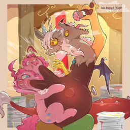4_fingers anthro belly big_belly blue_eyes bodily_fluids brown_body brown_fur crossgender cupcake cutie_mark duo eating eyelashes fangs female feral fetal_movement fingers food fur green_body green_scales grey_body grey_fur grey_hair hair hooves horn inside long_hair membrane_(anatomy) membranous_wings mtf_crossgender multicolored_body nude open_mouth pawpads pink_body pink_fur pink_hair pregnant quadruped red_body red_scales saliva scales sharp_teeth tail teeth text tongue tongue_out violence wings cold-blooded-twilight friendship_is_magic hasbro my_little_pony discord_(mlp) eris pinkie_pie_(mlp) chimera draconequus earth_pony equid equine horse mammal pony 1:1 absurd_res artist_name english_text hi_res