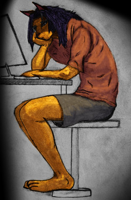 anthro athletic bottomwear clothing computer desk electronics emotional furniture male mood_lighting neutral_expression paper_background shirt shorts sitting slice_of_life slim solo stool t-shirt table tired tired_eyes topwear working sootix sootninelives cougar felid feline mammal absurd_res colored digital_media_(artwork) hi_res