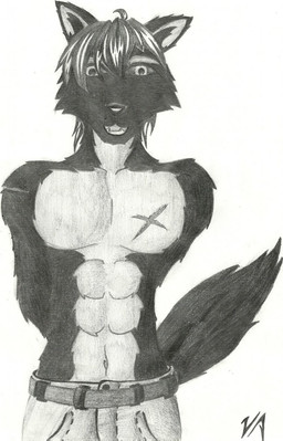 abs anthro belt black_nose bottomwear clothed clothing dark front_view fur hair hands_behind_back looking_at_viewer male navel open_mouth pants raised_tail scar short_hair simple_background solo tail topless white_background shyfoxfire darkwolf_(darkwolfdemon) canid canine canis mammal wolf 2012 greyscale half-length_portrait hi_res monochrome portrait