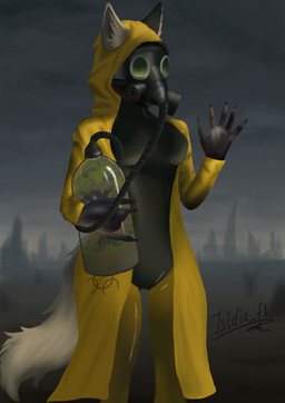 anthro biohazard_symbol breasts clothed clothing cloud cloudy_sky coat female fully_clothed gas_mask gloves handwear hazard_symbol lab_coat latex mask plant post-apocalyptic ruins sky symbol topwear tree yellow_clothing isidia_f1 canid canine canis mammal wolf absurd_res hi_res