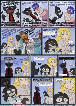 anthro asylum bdsm bondage bound diaper female group hospital male medical puppet restraints straitjacket text the_padded_room esmeralda_kingsley ludivine_laminelle canid canine mammal procyonid raccoon absurd_res comic english_text hi_res