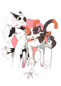 2_tails anthro arm_scar arm_tattoo big_penis black_body black_eyes black_fur blue_eyes bodily_fluids cigarette cigarette_smoke circumcised dipstick_tail drooling duo foreskin fur genitals holding_cigarette holding_object leaning leaning_forward long_penis male male/male markings multi_tail multicolored_body multicolored_fur narrowed_eyes nipples one_eye_closed open_mouth orange_body orange_fur penis pink_nipples pubes question_mark saliva scar skinny_male slim small_waist smile smiling_at_viewer smoke squint standing tail tail_markings tattoo two_tone_body two_tone_fur white_body white_fur wide_eyed yellow_sclera sssshark_(artist) calico_cat domestic_cat felid feline felis mammal absurd_res hi_res portrait three-quarter_portrait