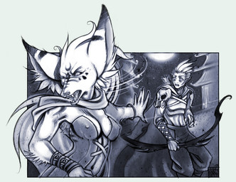 angry anthro armor bone bow_(weapon) bracelet bracers cape clothing corset duo fangs female fur fur_markings hair hand_outstretched jewelry lingerie long_hair male male/female markings moon night nipple_outline open_mouth pagoda pointy_ears ranged_weapon scarf skull surprised teeth tongue topwear weapon syyslilja exalted seven_devils_clever canid canine elf fox humanoid mammal greyscale monochrome signature
