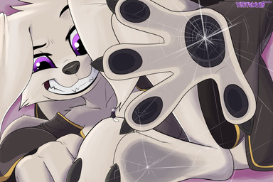 4_fingers anthro black_clothing breaking_the_fourth_wall breasts claws clothed clothing coat cracked_screen cramped dress duo feet female fingers fur grin hindpaw larger_female looking_at_another macro male paws purple_eyes robe sitting sitting_on_another size_difference smaller_male smile tail topwear white_body white_fur whitewolf20xx blizzard_entertainment warcraft del_(whitewolf20xx) vayreena arctic_wolf canid canine canis fox mammal vulpera wolf hi_res