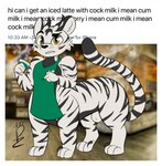 animal_genitalia apron apron_only blurred_background blush clothing digitigrade dipstick_tail eyebrows fully_sheathed fur genitals holding_object humor male markings photo_background quadruped raised_eyebrow sheath solo standing striped_body striped_fur stripes tail tail_markings text white_body white_fur pawzzypawzbourne i_mean_breast_milk adux felid felid_taur mammal mammal_taur pantherine pantherine_taur taur tiger tiger_taur 2021 digital_drawing_(artwork) digital_media_(artwork) english_text flat_colors hi_res meme photography_(artwork) signature