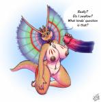 2018 absurd_res anthro breasts claws digital_media_(artwork) dilophosaurid dilophosaurus dinosaur drxii duo english_text female female_focus genitals hi_res jurassic_beauties male male/female nipple_piercing nipples non-mammal_breasts penis piercing pussy reptile scalie simple_background solo_focus text theropod tyni