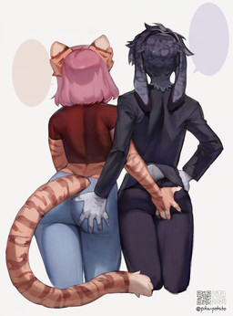 anthro anthro_on_anthro butt butt_grab clothed clothed_anthro clothing female female/female hair hand_on_butt mutual_butt_grab pink_hair rear_view simple_background speech_bubble tail pita_potato charlotte_(mozes.ipg) snow_(pita_potato) felid lagomorph leporid mammal pantherine rabbit tiger hi_res