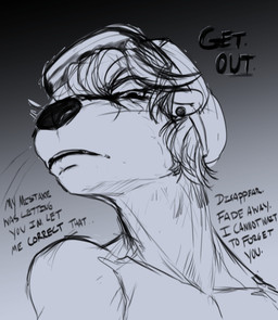anthro black_text clothing ear_piercing frown fur gradient_background hair hat headgear headwear looking_at_viewer male piercing simple_background solo text pandottermon mammal mustelid otter 2025 english_text greyscale hi_res monochrome sketch