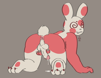 3_fingers 3_toes all_fours anthro anus balls bodily_fluids butt cotton_tail cum cum_drip cum_puddle dizzy_eyes dripping drooling eyebrows feet fingers fur genital_fluids genitals glans grey_background humanoid_genitalia humanoid_penis looking_at_viewer looking_back looking_back_at_viewer male markings nervous nervous_smile nude_anthro nude_male open_mouth penis penis_between_fingers pink_anus pink_glans plantigrade puddle rabbit_ears rear_view red_body red_fingers red_fur red_markings red_spots saliva simple_background small_nose smile solo spiral spiral_eyes spots spotted_markings tail toes white_body white_fur white_penis white_tail soyesoye nintendo pokemon generation_3_pokemon pokemon_(species) spinda 2026 colored hi_res line_art signature