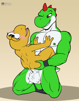 ambiguous_penetration anthro anthro_on_anthro anthrofied balls female genitals green_body kneeling male male/female multicolored_body muscular muscular_anthro muscular_male penetration penis sex stand_and_carry_position standing standing_sex tailless two_tone_body yellow_body fourssss mario_bros mythology nintendo dinosaur dragon green_yoshi koopa koopa_troopa mythological_creature mythological_scalie prehistoric_species reptile scalie tortoise turtle yoshi 2026 digital_drawing_(artwork) digital_media_(artwork) hi_res