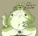 anthro balls blush chastity_cage chastity_device fupa fur genitals green_body green_fur male matcha_the_manokit overweight overweight_anthro overweight_male penis pinching_belly solo unsupported_chastity_cage longleynus canid canine fox humanoid mammal absurd_res hi_res