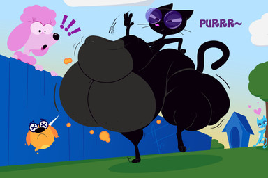 abdominal_bulge after_vore ambiguous_gender anthro belly belly_slap big_belly black_body blue_body digestion exclamation_point eyewear fatal_vore floating_eyebrows glasses group heart_symbol huge_belly huge_hips hyper hyper_belly leaning leaning_backward leaning_on_tree motion_lines obese outside overweight pink_body purring rumbling_stomach slap slapping_own_belly slapping_self smile standing surprised tail trio vore weight_gain whiskers wide_hips x_eyes afraart fetch!_with_ruff_ruffman pbs blossom_(fetch_with_ruff_ruffman) charlene_poodle lupine_(fetch_with_ruff_ruffman) ruff_ruffman canid canine canis domestic_cat domestic_dog felid feline felis mammal poodle 3:2 hi_res signature female_(lore)