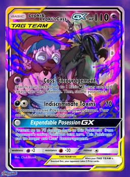 abandonment_play ambiguous_gender blurred_background claws clothing crazed_expression eyewear footwear gameplay_mechanics gesture glasses hand_gesture interspecies male pointing pointing_at_viewer poison pokemon_card pokephilia riding_on_shoulder role_reversal scratches shoes smoke sneakers text torn_clothing clubskunk nintendo pokemon cass_(clubskunk) lepki generation_7_pokemon mammal mephitid pokemon_(species) salandit skunk english_text hi_res