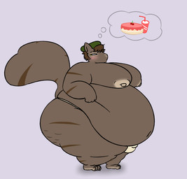 anthro belly big_belly big_butt blush butt cake clothing container cup dessert food hat headgear headwear huge_belly huge_butt male moobs obese obese_male overweight overweight_male solo thought_bubble underwear shukk vick_nolan_(shukk) chipmunk ground_squirrel mammal rodent sciurid absurd_res hi_res