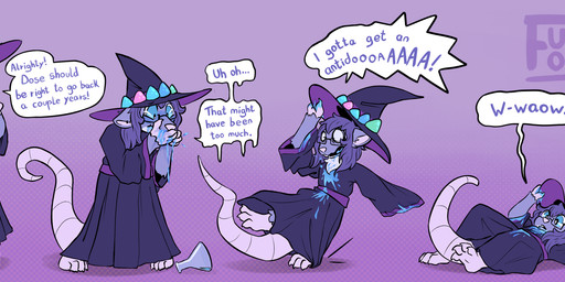 age_regression anthro clothing dialogue eyewear female glasses hat headgear headwear magic_user oversized_clothing potion shrinking size_transformation solo tail text transformation tripping vomiting witch witch_hat young furufoo mammal murid murine rat rodent 2025 absurd_res digital_media_(artwork) english_text hi_res sequence