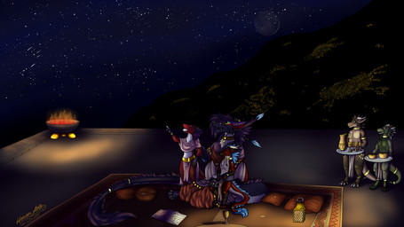 anthro blue_body blue_fur bottomwear carpet clothed clothing ear_tuft female fire fur gesture green_eyes group hand_gesture horn light loincloth male on_lap piercing pillow pointing purple_body purple_fur raised_arm red_body red_fur sitting sitting_on_lap sky standing star tail tuft whiskers white_body white_fur young hunamarts mythology hunam rose_(hunam) dragon eastern_dragon hybrid kobold mythological_creature mythological_scalie scalie sergal 16:9 4k absurd_res hi_res widescreen