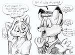 anthro breasts cleavage clothed clothing dialogue dipstick_ears duo ear_markings female fur hair male multicolored_ears necktie open_mouth text flinters the_x-files dana_scully fox_mulder canid canine canis mammal wolf 2006 english_text monochrome