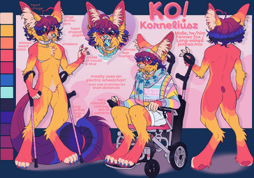 ahoge alternative_fashion anthro big_ears blue_claws blue_eyes blue_nose chest_tuft claws collar color_swatch crotch_tuft crutch d-ring digitigrade disability facial_markings fairy_kei femboy fur fur_markings hair head_markings heart_eyes heart_symbol j-fashion long_tail male markings mask_(marking) mastectomy_scar medical_instrument mobility-aid motorized_wheelchair multicolored_body multicolored_fur pupils purple_hair purple_tail rear_view scar scientific_instrument sitting slim smile solo standing tail text tongue tongue_out tuft vehicle wavy_hair wheelchair whiskers yellow_body yellow_fur princefizz korneliusz_heinrich-wozniak_(princefizz) canid canine dipodid fennec_fox fox hybrid long-eared_jerboa mammal rodent true_fox absurd_res alpha_channel flat_colors hi_res model_sheet trans_(lore) trans_man_(lore)