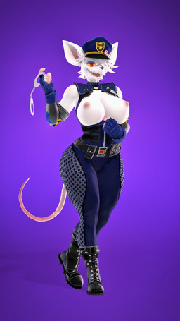 anthro areola big_breasts black_boots black_clothing black_footwear boots breasts clothing cuff_(restraint) eyelashes eyeshadow female flashing flashing_breasts footwear freckled_breasts freckled_face freckled_shoulders freckles fur handcuffs long_eyelashes makeup metal_cuffs nipple_dip nipples pink_nipples police police_officer purple_background purple_eyeshadow restraints sharp_teeth shoes simple_background smug smug_expression smug_eyes smug_face smug_grin solo tail teasing teasing_viewer teeth wearing_hat white_body white_fur yellow_sclera conditional_dnp domi3d warfaremachine_(modeler) officer_flint_(foresttherotten) mammal murid murine rat rodent 2026 3d_(artwork) 4k 9:16 absurd_res digital_media_(artwork) hi_res source_filmmaker_(artwork)