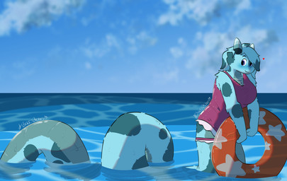 anthro apode blue_body blue_fur female fur heart_symbol horn legless long_tail pool_float serpentine smile solo spots swimsuit_only tail water ovenbakedbeans beans_(ovenbakedbeans) draconcopode naga reptile scalie snake colored hi_res