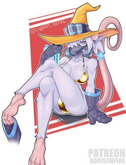 anthro bedroom_eyes bikini biped blue_eyes bodily_fluids breasts clothing eyeshadow female female_anthro fur gas_mask gloves gold_bikini hair hair_over_eye handwear hat headgear headwear holding_flask makeup mask narrowed_eyes seductive sitting solo sweat swimwear two-piece_swimsuit white_body white_fur white_hair witch_hat meltgar alkali_(nanokindred) mammal murid murine rat rodent 2026 digital_media_(artwork) hi_res