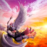 anthro cuddling duo flying male male/male sunset wolfsniper gem_(gembirb) avian bird canid canine canis mammal western_meadowlark wolf 1:1 hi_res