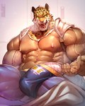 abs animal_mask biceps bodily_fluids bottomwear bulge cape clothed clothing for_a_head genitals green_eyes luchador male mask muscular muscular_male nipples open_bottomwear open_clothing open_pants pants pecs penis solo sweat teeth vein veiny_muscles wrestler vorusuarts bandai_namco tekken king_(tekken) animal_head animal_humanoid felid felid_humanoid humanoid jaguar jaguar_humanoid mammal mammal_humanoid pantherine pantherine_humanoid hi_res