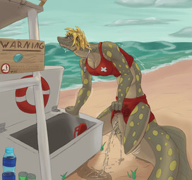 anthro anthro_peeing apode beach biped blonde_hair blush bodily_fluids breasts clear_urine female female_anthro female_peeing fin genital_fluids genitals grey_body hair hunched_over legless life_preserver lifeguard lifeguard_swimsuit lifeguard_tower markings non-mammal_breasts omorashi outside peeing serpentine shaking solo spots spotted_body tan_body tears trembling urine urine_stream vulva watersports wetting yellow_body valrionwrites aquatic draconcopode eel fish moray_eel 2026 digital_media_(artwork) hi_res