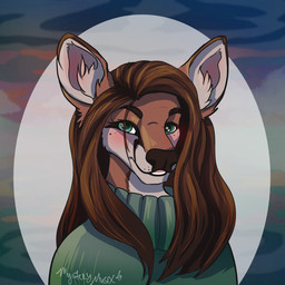 anthro brown_body brown_fur brown_hair clothing countershade_face countershade_fur countershading female fern fur green_clothing green_eyes green_sweater green_topwear hair looking_at_viewer smile solo sweater topwear mysterymusix american_mythology indigenous_north_american_mythology mythology north_american_mythology deer hybrid mammal wendigo 1:1 icon signature