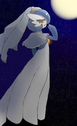 3_fingers blue_hair fangs female fingers floating hair headdress light looking_at_viewer moon moonlight not_furry orange_eyes sky solo star starry_sky teeth renv nintendo pokemon saeko_(renv) gardevoir generation_3_pokemon humanoid pokemon_(species) shiny_pokemon vampire 2022 signature