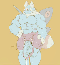anthro big_muscles big_penis bodily_fluids dripping genital_fluids genitals huge_penis humanoid_genitalia humanoid_penis male muscular penis precum precum_drip solo fluffedwings lionel_(fluffedwings) arthropod insect lepidopteran moth hi_res