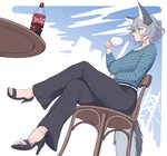 bottomwear breasts chair clothing container cup female footwear furniture grey_hair hair high_heels low-angle_view outside pants pattern_clothing pattern_shirt pattern_topwear shirt shoes sitting solo striped_clothing striped_shirt striped_topwear stripes tea_cup topwear nekoarashi coca-cola asagaya_rin animal_humanoid canid canid_humanoid humanoid mammal mammal_humanoid 2019